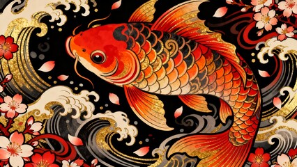 Traditional koi fish art with stylized waves and bubbles for lucky vibes
