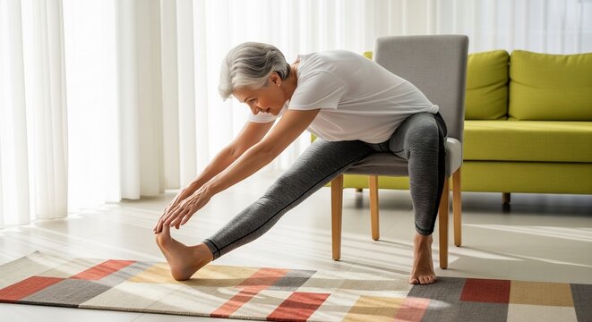 Senior woman stretching hamstrings while seated on a yoga mat and chair in a bright apartment.