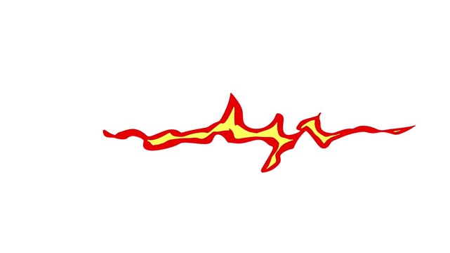 一瞬で左から右に流れるように燃える赤と黄色の炎のエフェクト。2DFXの手書きアニメーション