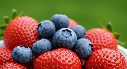 Obraz premium Fresh Delight: Strawberries and Blueberries Against Soft Green