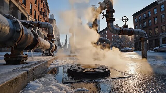 Urban scene featuring steam escaping from a manhole and industrial pipes in a winter setting