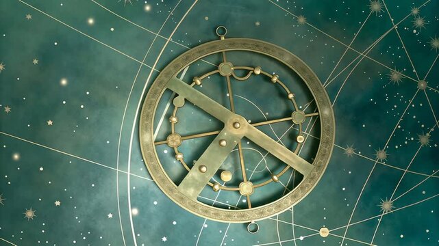 Ancient illustration with golden star map background concept. Antique brass astrolabe with celestial star map background vintage astronomy instrument