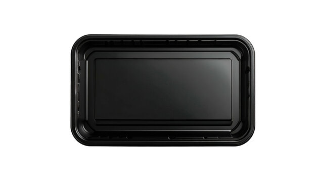 Close-up of a black rectangular container with raised edges and an interior panel