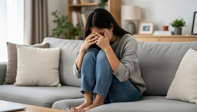 Emotional Distress at Home: A woman sits on a sofa, overwhelmed with sadness, depicting the silent struggles of loneliness and mental health challenges