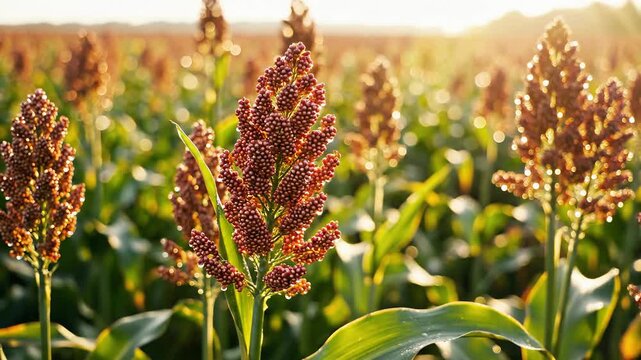 Golden Sorghum Field at Sunrise with Dew Drops on Seed Heads