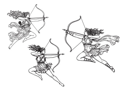 Artemis leaping huntress engraving illustration with agile motion