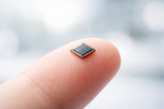 Tiny microchip resting on a fingertip, showcasing advanced miniaturization in technology
