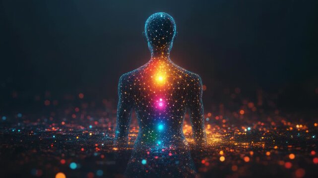 A glowing, network-like figure shows colorful energy points of chakras with bokeh in a dark background