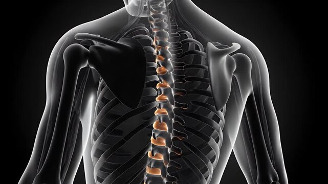 Human Spine Animation with Orange Vertebrae on Black Background Medical Visualization of Spinal Anatomy and Bone