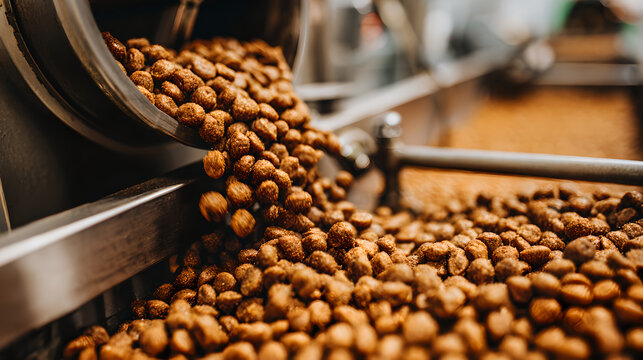 Close up of pet food kibble flowing on a factory production line 