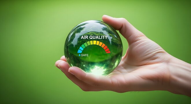 Air Quality Index Concept in Hand, Environmental Protection and Clean Air Monitoring, Pollution Awareness, Sustainability and Climate Health Background