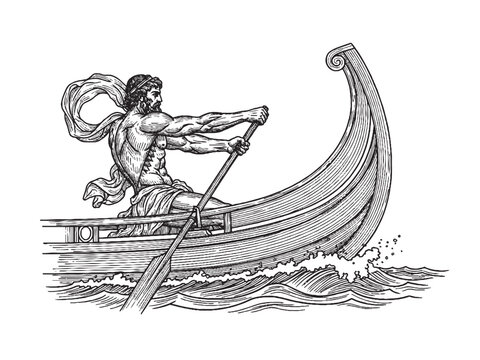 Odysseus rowing ship engraving illustration with nautical motion