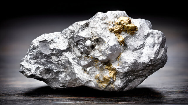 Close up of platinum and palladium ore with gold flecks on wood 