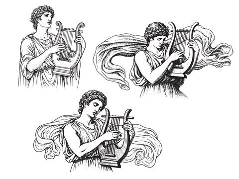 Orpheus lyre playing engraving illustration with expressive motion