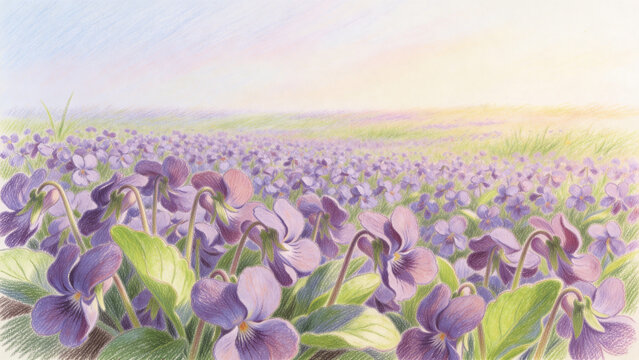 Violet flower meadow colored pencil illustration, serene 16:9 desktop wallpaper