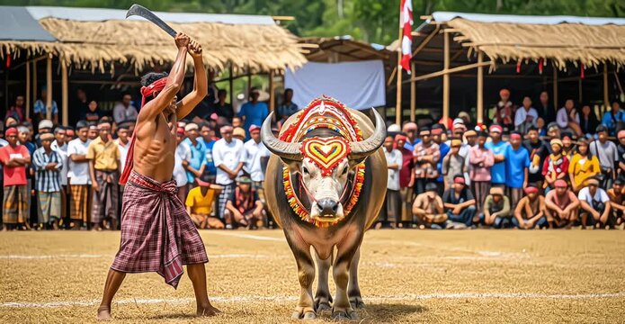 Toraja man raising machete to sacrifice decorated buffalo at Rambu Solo funeral ceremony in Sulawesi, Indonesia. Traditional Ma'tinggoro ritual with crowd and tongkonan background