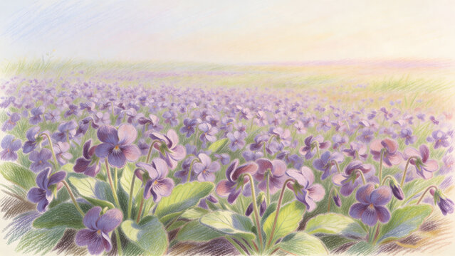 Violet flower meadow colored pencil illustration, serene 16:9 desktop wallpaper