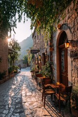 Stone alley cafe with morning sunlight and old town street