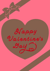 ハートのチョコレートプレゼントモチーフ　リボンと文字、ピンク背景　縦型