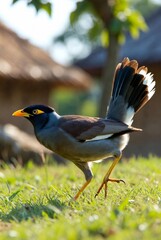 Common Myna bird strutting across a grassy field, its dark body contrasting with bright yellow legs and beak, near rural homes