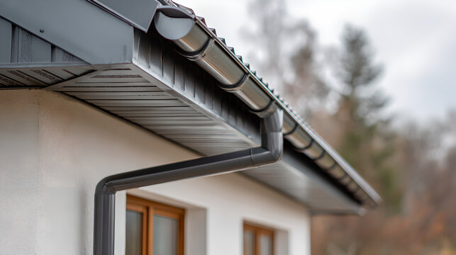 Close up of seamless aluminum rain gutter on white house roof exterior.
