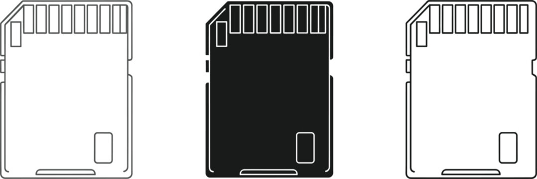 SD memory card icon set with outline and solid storage chip silhouettes minimal vector design isolated