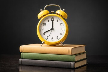 Yellow alarm clock placed on top of stack of books against dark studio background