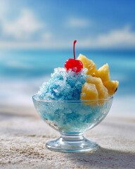 夏の海の砂浜で食べるかき氷