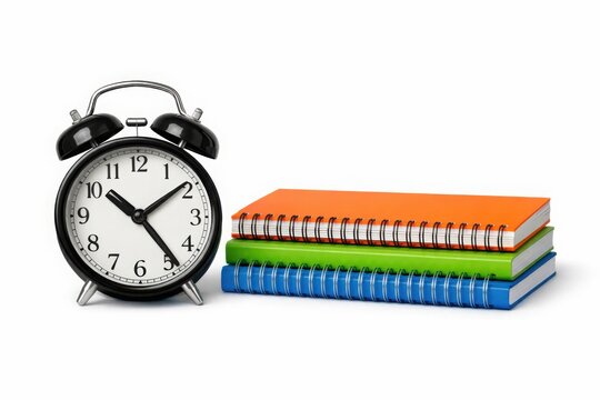 Vintage black alarm clock standing beside stack of colorful spiral bound journals