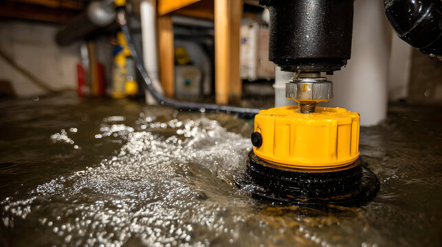 Close up of sump pump installation in a flooded basement with water