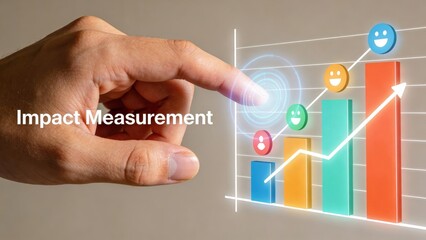 Obraz premium leadership development nonprofits volunteer concept. Hand interacting with virtual bar graph showing impact measurement data.