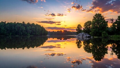 Serene Sunset Over a Calm River Reflecting the Golden Sky.