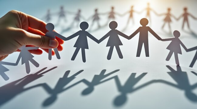 leadership development nonprofits volunteer concept. Paper cutout figures of people holding hands with hand placing one figure.