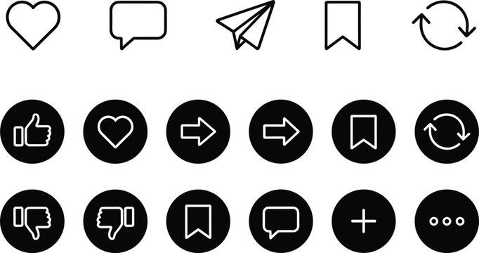 Social media interaction icon set with like comment share bookmark refresh symbols minimal vector interface design ui collection