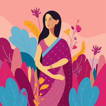 Elegant Indian woman wearing a saree walking in a flower field in nature for traditional elegance, cultural heritage and boho spring beauty. Beautiful clothing style for a person in India
