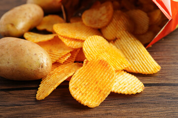 Potato chips , delicious BBQ seasoning spicy for crips, thin slice deep fried snack fast food.