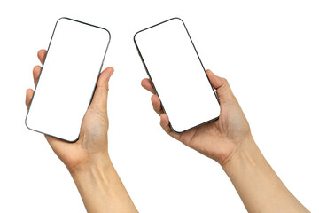 Asian woman holding smartphone in hand with blank screen isolated on white background.