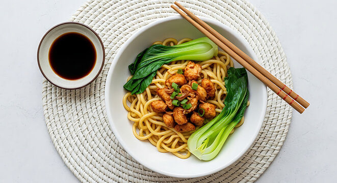 Delicious Chicken Noodles with Bok Choy and Soy Sauce.