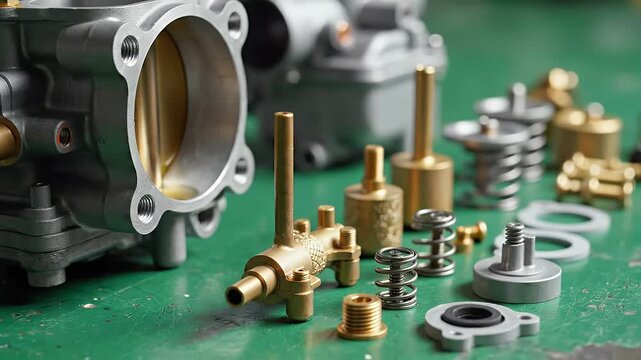 Close-up of various mechanical carburetor parts, presented on a green surface, showing metallic details