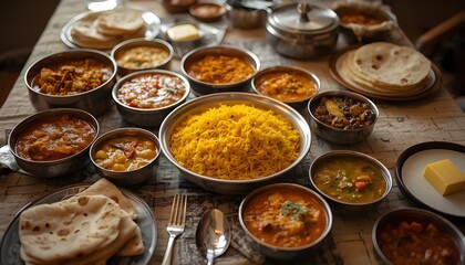 A vibrant spread of Indian cuisine with various dishes and utensils on a wooden table