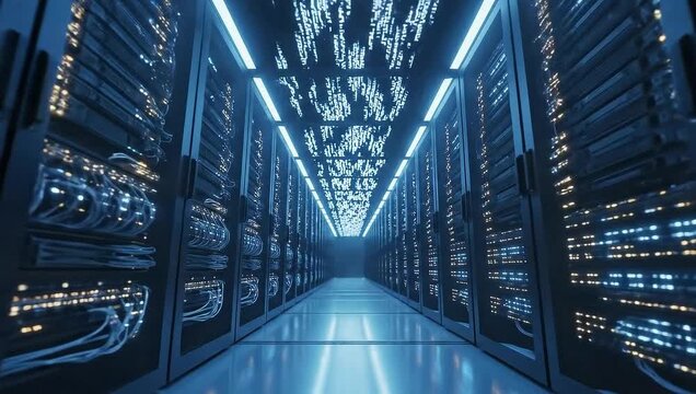 Server room with blue lighting and rows of servers on both sides  