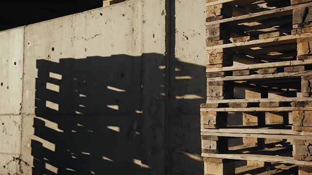 Stacked wooden pallets contrasted against a concrete wall, with shadows creating geometric patterns