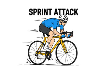 Naklejka premium Cycling race artwork for t-shirt. Cyclist sprinting illustration. Road bike sports competition. Sprint attack graphic print. Extreme speed racing artw