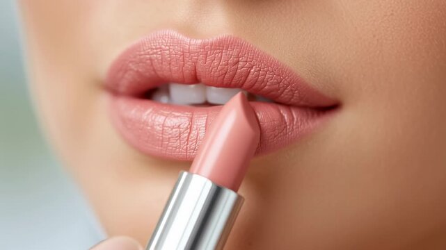 Fingers hold a sleek lipstick while soft, beautiful lips are highlighted in this artistic moment of self-expression. The gentle application captures the essence of elegance and grace