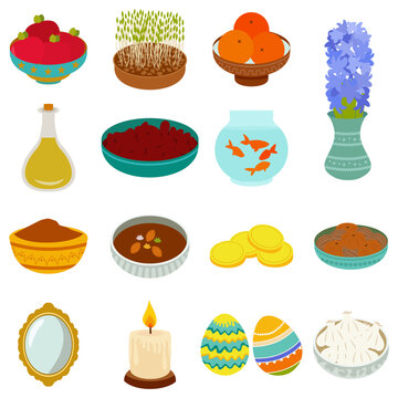 Traditional Nowruz table set of the seven items of Haft Sin with bowls of sprouts, fruit, candles, sweet pudding, and coins, celebrating Persian culture and spring renewal