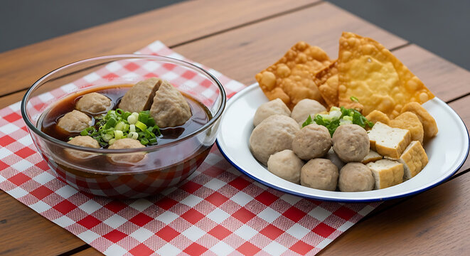 Delicious Indonesian Bakso with Fried Snacks and Tofu.
