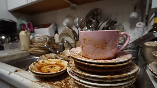 A chaotic kitchen sink overflows with dirty plates, cups, and silverware, painting a vivid picture of a busy meal's aftermath. The light casts shadows on the messy scene