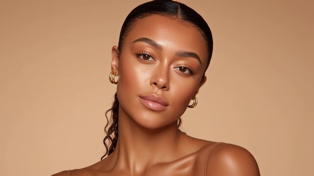 Captivating elegance radiates from a lovely woman whose smooth glowing skin captures attention in a warm, softly lit environment. Her confidence and poise create an enchanting atmosphere
