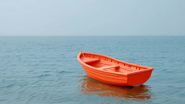 On a tranquil foggy day, a charming small red boat bobs gracefully on the water's surface, surrounded by soft mist and a peaceful shoreline. Nature&rsquo;s beauty unfolds quietly