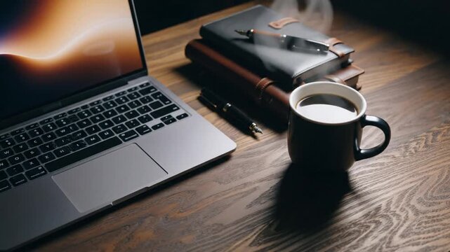 Coffee with laptop, and notebook on wooden desk.